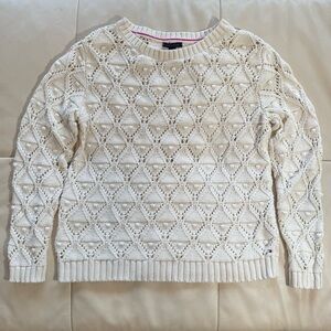 Tommy Hilfiger Ivory Crocheted Open Weave Textured Crew Neck Sweater
